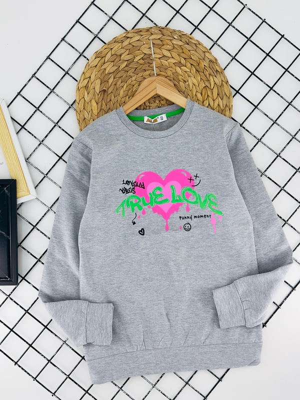 824605 Lovely Yazılı Kalp Baskılı Kız Çocuk İki İp Şardonlu Sweat-GRİ
