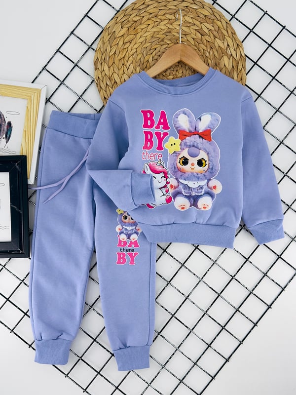8247 Baby Yazılı Lbb Baskılı Kız Çocuk Üç İp Takım-LİLA