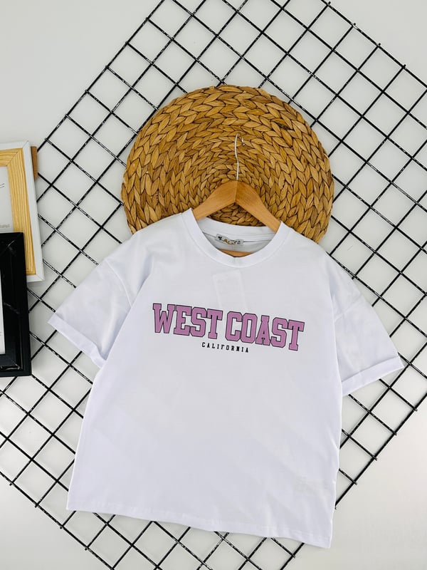 8254031 West Coast Calıfornıa Yazılı Baskılı Kız Çocuk Penye Tişört-BEYAZ