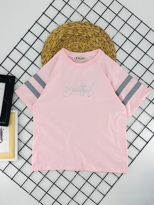 8254170 Beavtiful Yazılı Baskılı Kız Çocuk Penye Tişört-TOZ PEMBE