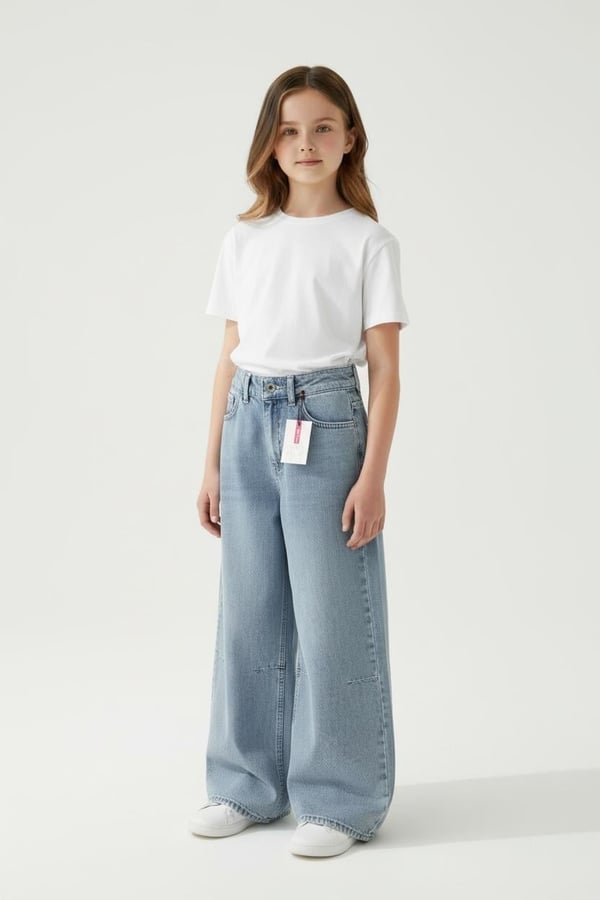 826-3 Kız Çocuk Baggy Kot Pantolon (8/12 Yaş)-MAVİ
