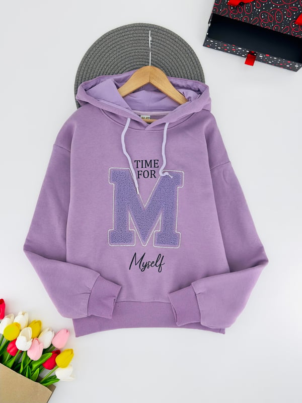 8264284 M Nakışlı Kız Çocuk Üç İplik Kapşonlu Şardonlu Sweat-LİLA