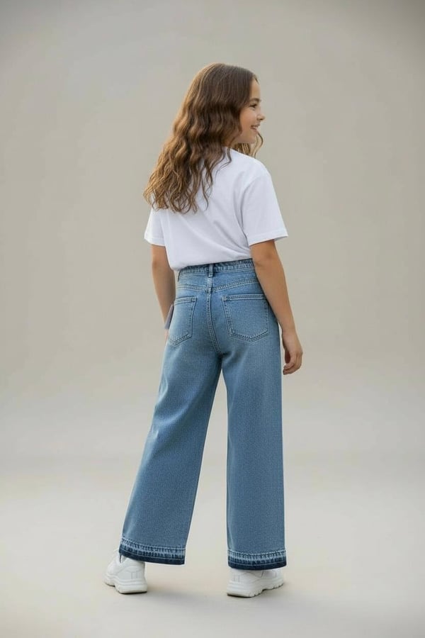 828-4 Altı Püsküllü Kız Çocuk Baggy Kot Pantolon (11/16 Yaş)-MAVİ