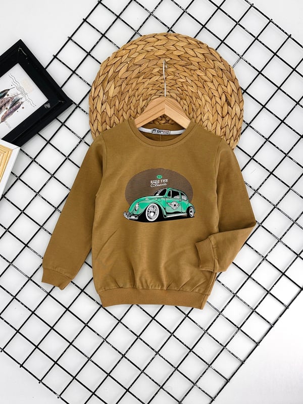 8291 Araba Baskılı Ride The Yazılı Erkek Çocuk Sweat-BEJ
