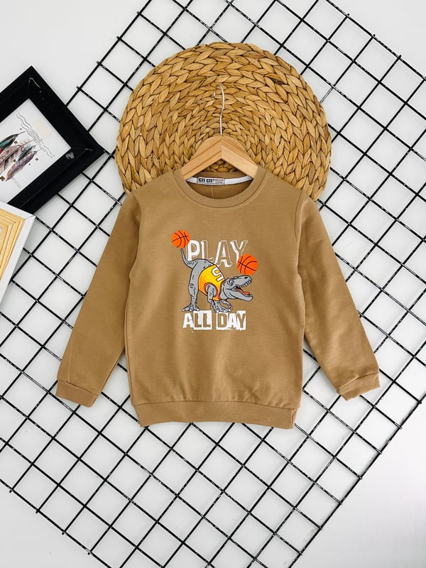 8302 Dinozor Play Baskılı Erkek Çocuk Sweat-BEJ
