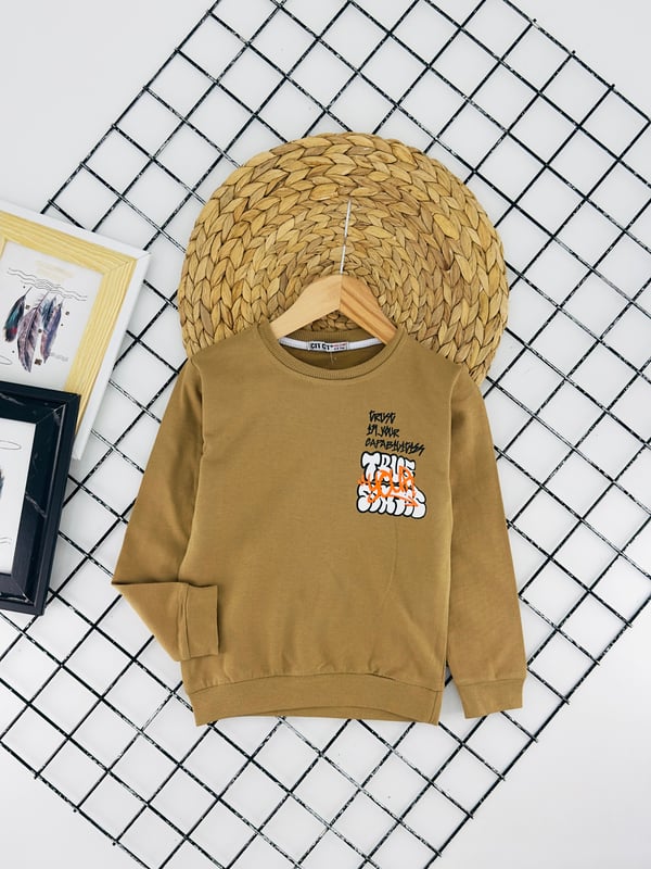 8384 Trve Yazılı Erkek Çocuk Penye Baskılı Sweat-KAHVE