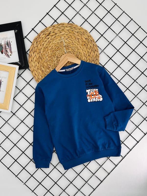 8384 Trve Yazılı Erkek Çocuk Penye Baskılı Sweat-İNDİGO MAVİ