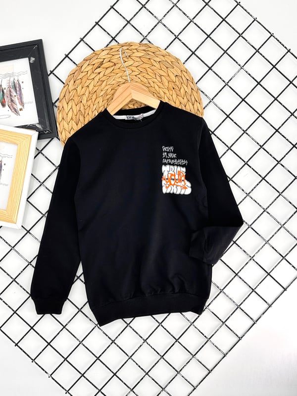 8384 Trve Yazılı Erkek Çocuk Penye Baskılı Sweat-SİYAH