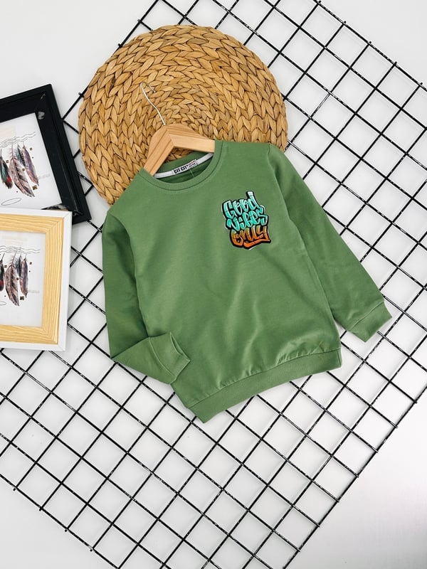 8387 Good Nibes Yazılı Erkek Çocuk Sweat-YEŞİL