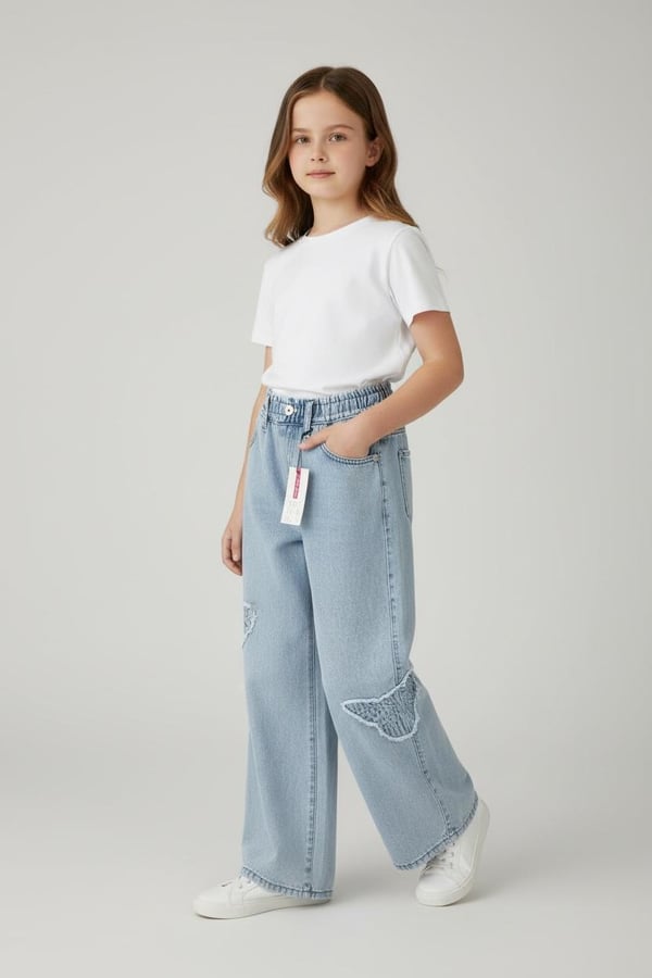 846-4 Kelebek Detaylı Kız Çocuk Baggy Kot Pantolon (11/15 Yaş)-AÇIK MAVİ