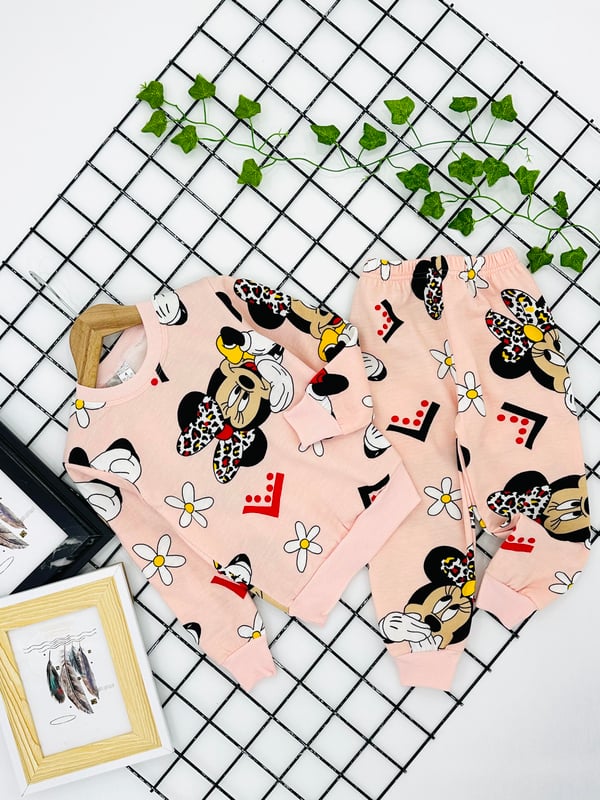 8500-17 Miki Desen Kız Çocuk Şardonlu Pijama Takım (3-7 Yaş)-PEMBE