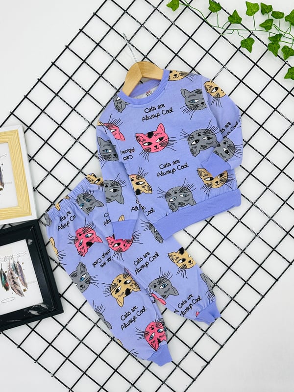 8500-22 Kedi Baskılı Kız Çocuk Şardonlu Pijama Takım (3-7 Yaş)-LİLA