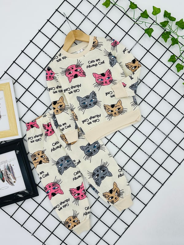 8500-22 Kedi Baskılı Kız Çocuk Şardonlu Pijama Takım (3-7 Yaş)-KREM