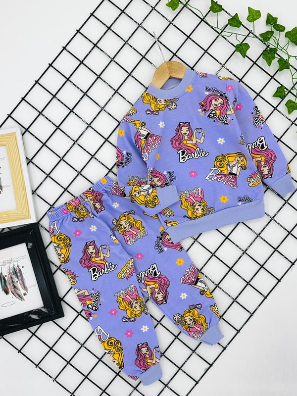 8500-26 Bb Baskılı Kız Çocuk Şardonlu Pijama Takım (3-7 Yaş)-LİLA