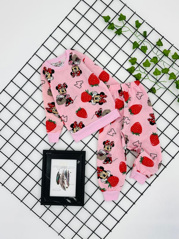 8500-6 Minie Çilek Baskılı Kız Çocuk Şardonlu Pijama Takım (3-7) Yaş-PEMBE