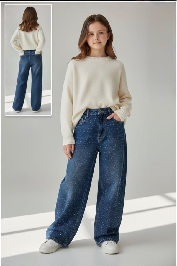 869-4 Serpme Taş Detaylı Kız Çocuk Baggy Kot Pantolon (11/15 Yaş)-KOYU MAVİ