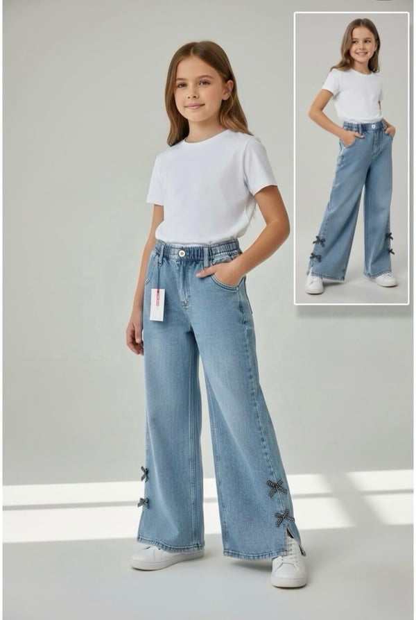 875-4 Bel Lastikli Paçası Fiyonklu Kız Çocuk Baggy Kot Pantolon (11/15 Yaş)-AÇIK MAVİ