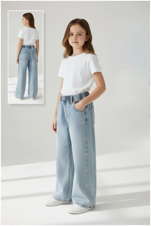 881-4 Yanları Fiyonklu Taşlı Kız Çocuk Baggy Kot Pantolon (11/15 Yaş)-AÇIK MAVİ
