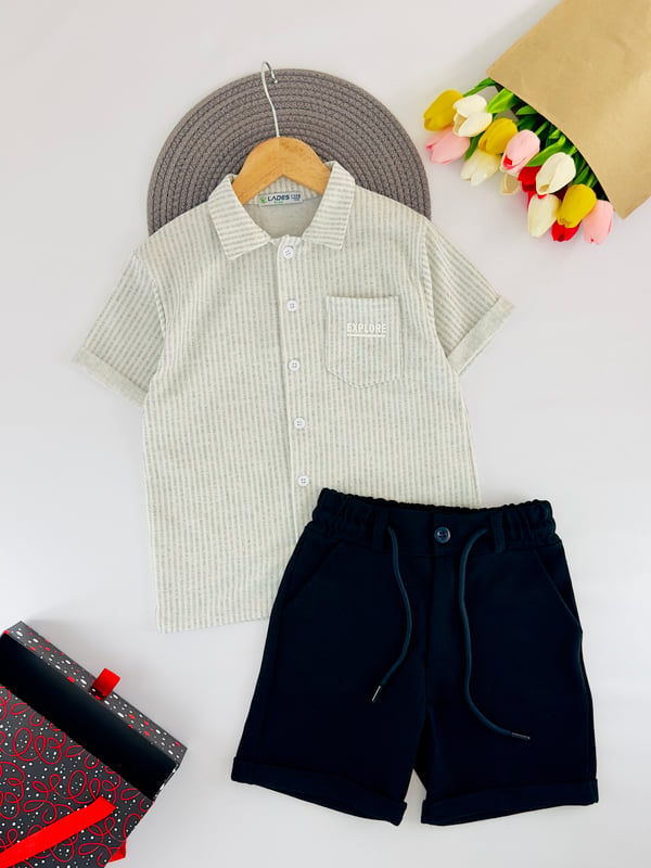 886-2 Çizgili Explore Yazılı Erkek Çocuk Şortlu Takım-GRİ