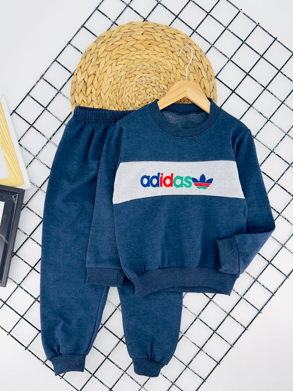 900-2 Adds Yazılı Nakışlı Erkek Çocuk İki İplik Şardonlu Takım-İNDİGO MAVİ