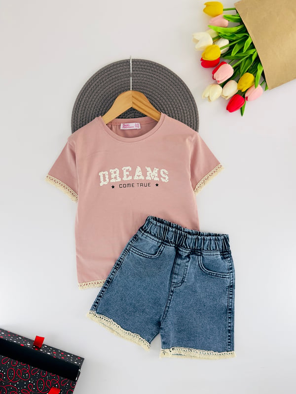 90050-1 Dreams Yazılı Altı Dantel İşlemeli Şortlu Kız Çocuk Takım-GÜL KURUSU