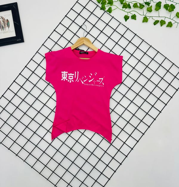 91007 Tokyo Revenger Yazılı Penye Kız Çocuk Tişört-PEMBE