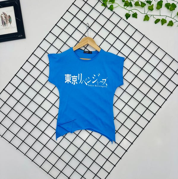 91007 Tokyo Revenger Yazılı Penye Kız Çocuk Tişört-MAVİ