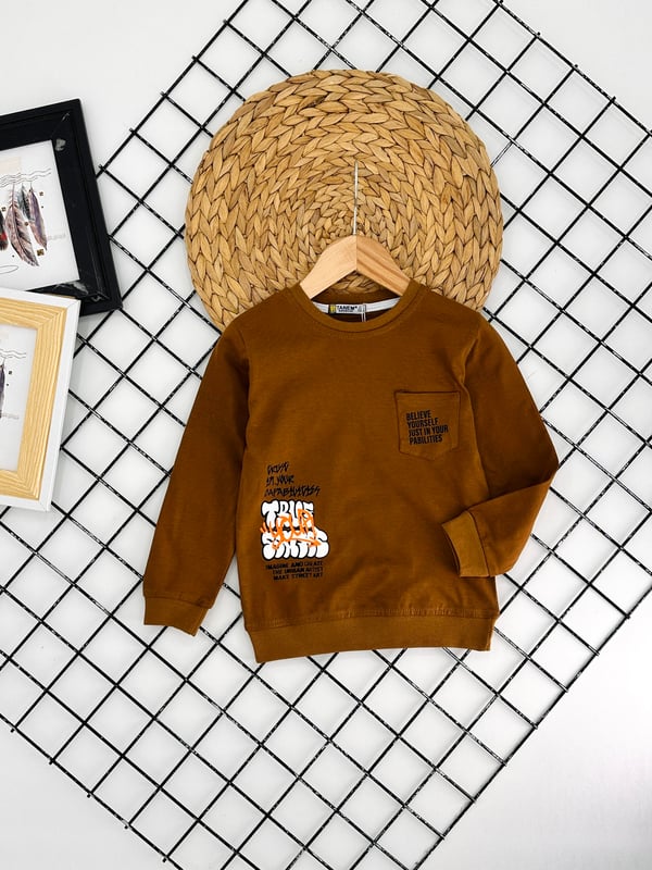 9147 Yanı Cepli Belive Yazılı Erkek Çocuk Sweat-KAHVE