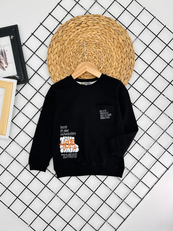 9147 Yanı Cepli Belive Yazılı Erkek Çocuk Sweat-SİYAH