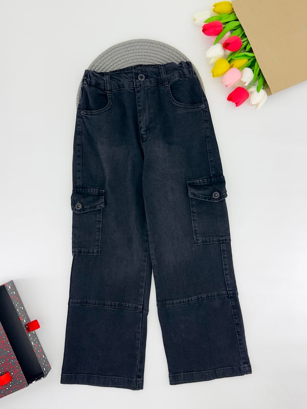 9400-29 Komando Cepli Bol Paça Kız Çocuk Pantolon 3379-SİYAH