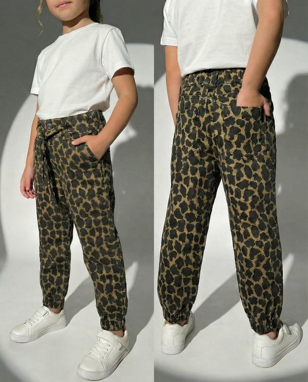 9400-35 Leopar Desenli Paçası Büzgülü Kanvas Kız Çocuk Pantolon 1211-1-LEOPAR