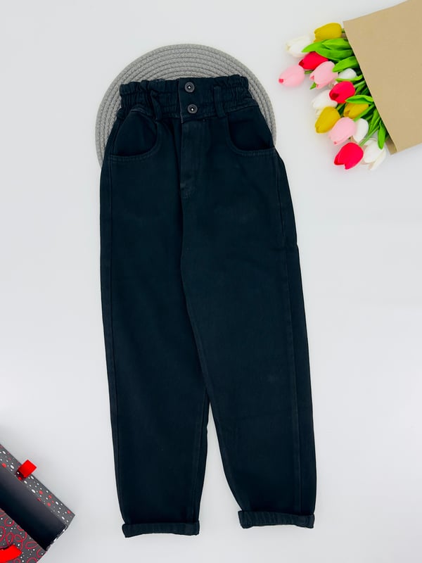 9400-4 Beli Lastikli Kız Çocuk Düz Bol Paça Pantolon 3407-SİYAH