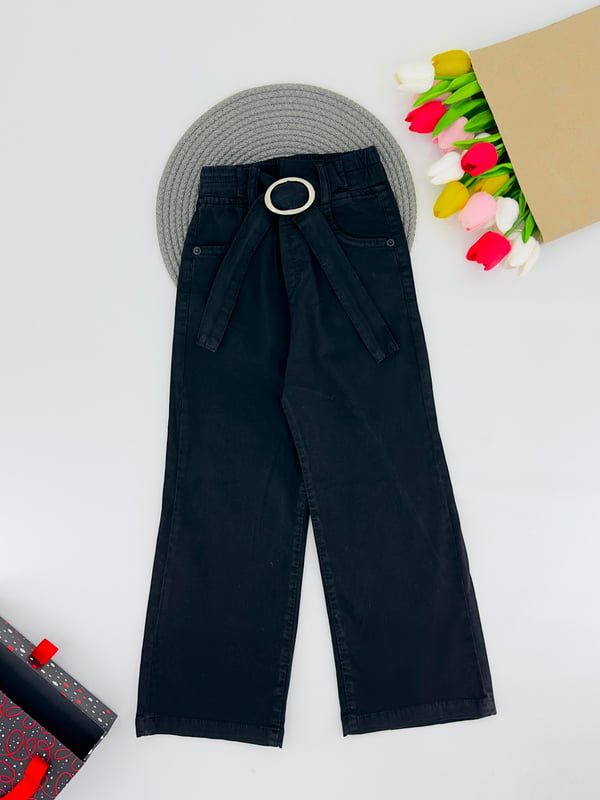 9400-40 Bel Kemerli Bol Paça Kız Çocuk Pantolon 3329-SİYAH