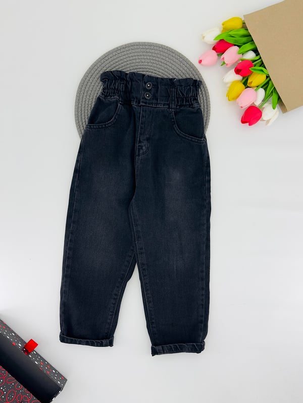 9400-41 Bel Büzgülü Kız Çocuk Düz Kot Pantolon 3292-SİYAH