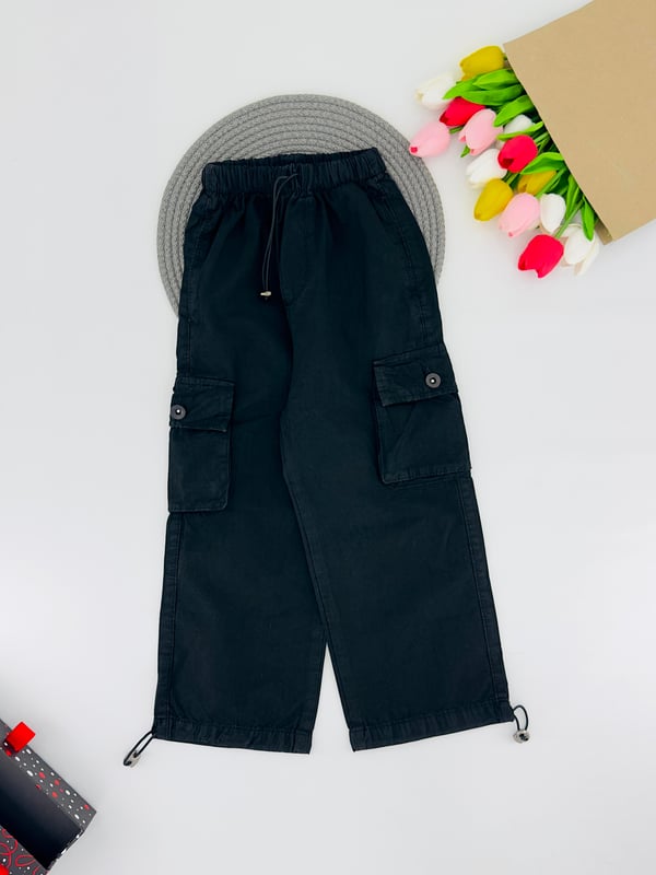 9400-45 Komando Cepli Kız Çocuk Keten Pantolon 3402-1-SİYAH