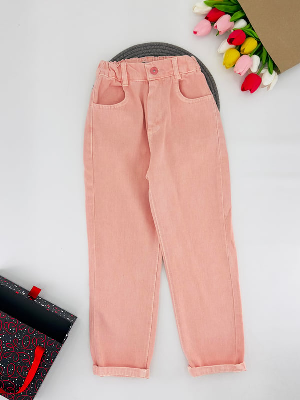 9400-5 Bel Lastikli Düğmeli Kız Çocuk Bol Paça Pantolon 3390-TOZ PEMBE