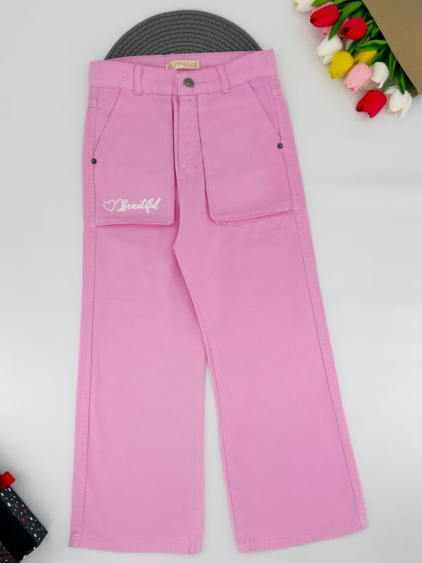 9400-7 Beatfıl Yazılı Yan Cep Detaylı Kız Çocuk Keten Pantolon 1146-PEMBE
