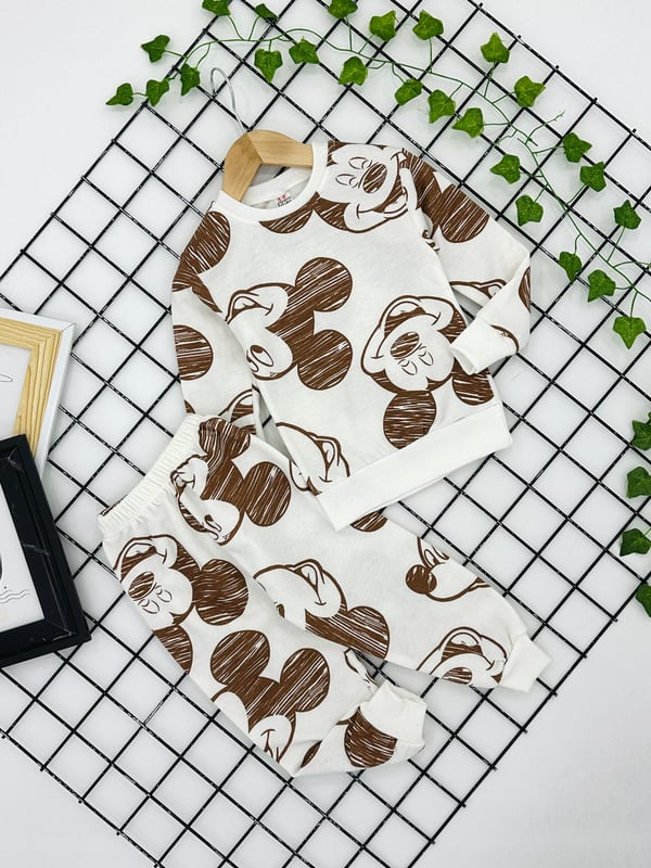 9500-18 Miki Mouse Baskılı Erkek Çocuk İçi Şardonlu Pijama Takım (8-12 Yaş)-KREM