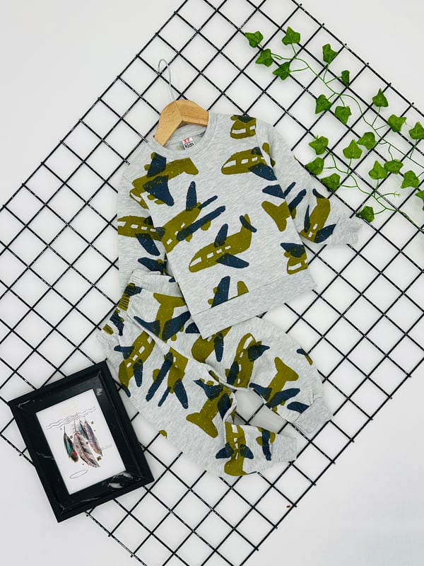 9500-4 Uçak Kamuflaj Baskılı Erkek Çocuk Pijama Takım (8-12 Yaş)-GRİ