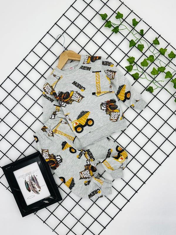 9500-6 İş Makinası Baskılı Erkek Çocuk Pijama Takım (8-12 Yaş)-GRİ