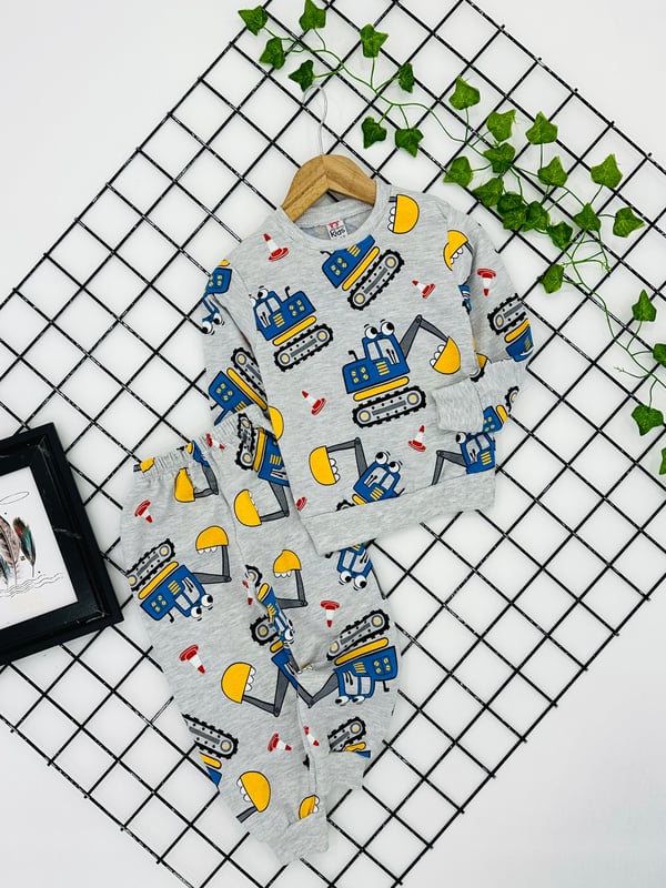 9500-8 İş Makinası Dubalı Şardonlu Erkek Çocuk Pijama Takım (8-12 Yaş)-GRİ