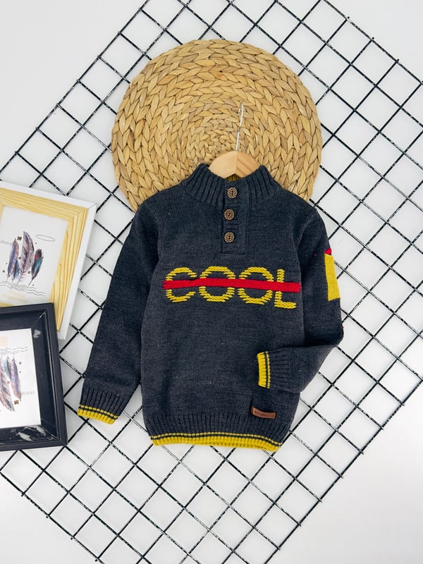 A03-1 Düğmeli Cool Yazılı İşlemeli Erkek Çocuk Kazak-FÜME
