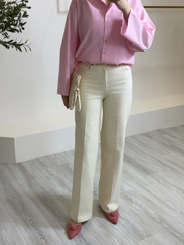 Bej Wideleg Denim Pantolon