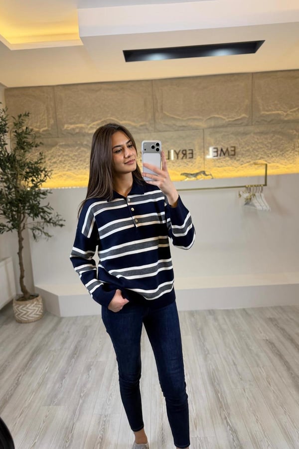 Çizgili Örme Triko Sweat