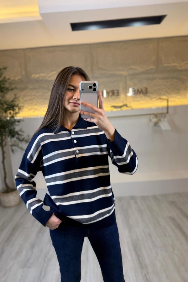 Çizgili Örme Triko Sweat