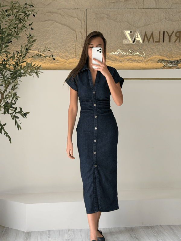 Düğme Detaylı Denim Elbise