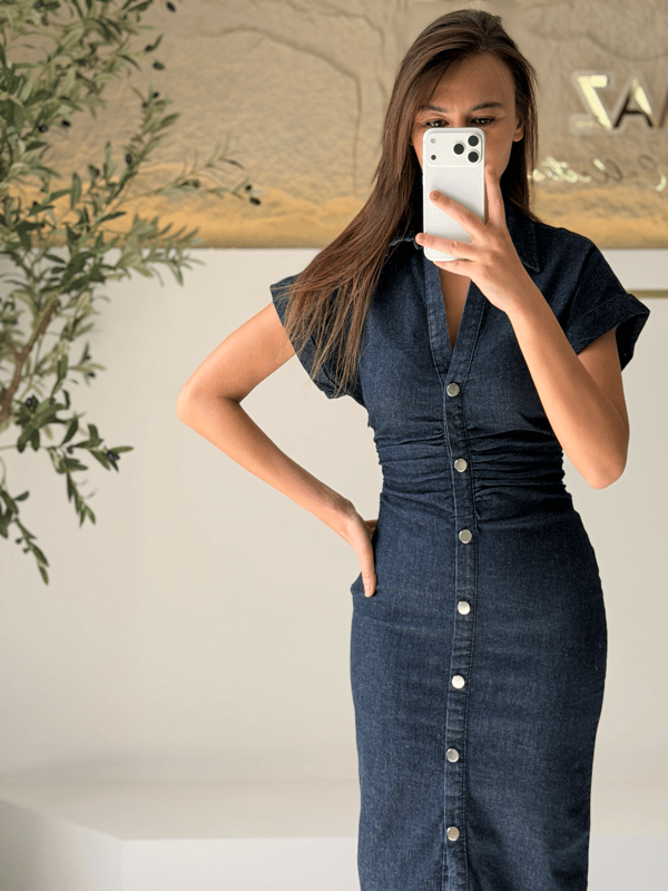 Düğme Detaylı Denim Elbise