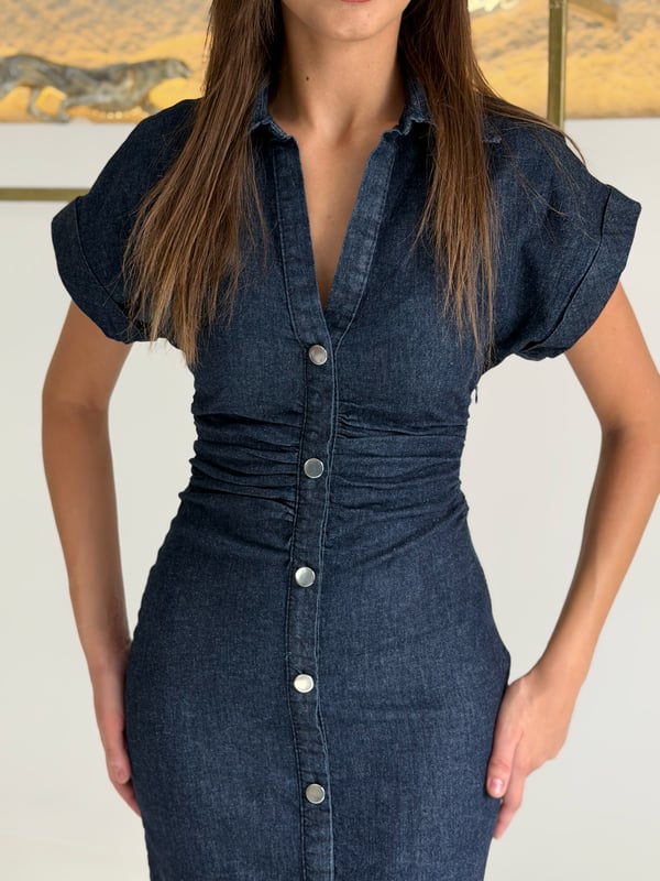 Düğme Detaylı Denim Elbise