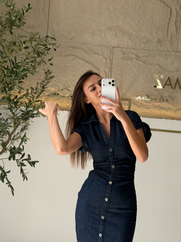 Düğme Detaylı Denim Elbise