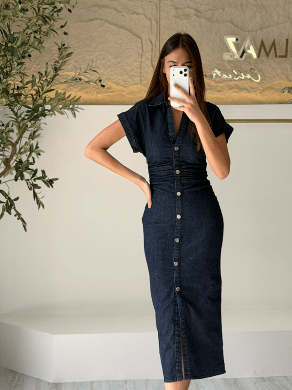 Düğme Detaylı Denim Elbise